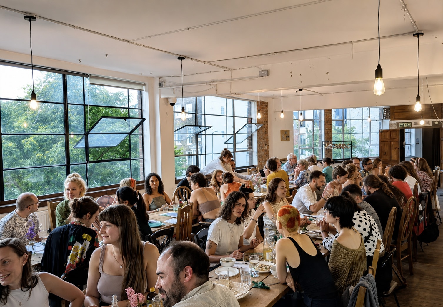 Guests sharing a meal in a bright dining room at a Baytna event